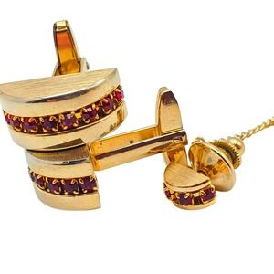 Sarah Coventry Gold Tone Cufflinks Dome Shape Tie Tack Tac Lapel Pin Red Crystal